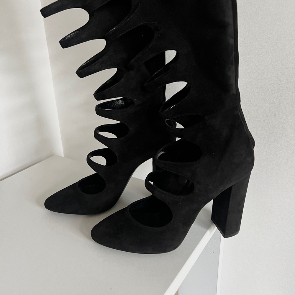 Saint Laurent black suede cut out cage Joplin 105 knee high boots - Picture 4 of 16